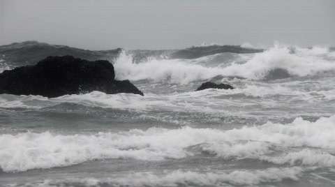 Waves Crashing Into Rocks - Gray