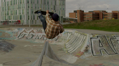 Dolly Shot Of Skateboarder Doing Backflip