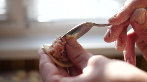 Russian Cuisine - Cook Forms Dumplings With Dough And Minced Meat