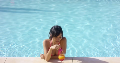 Contented Woman At Pool Edge With Drink